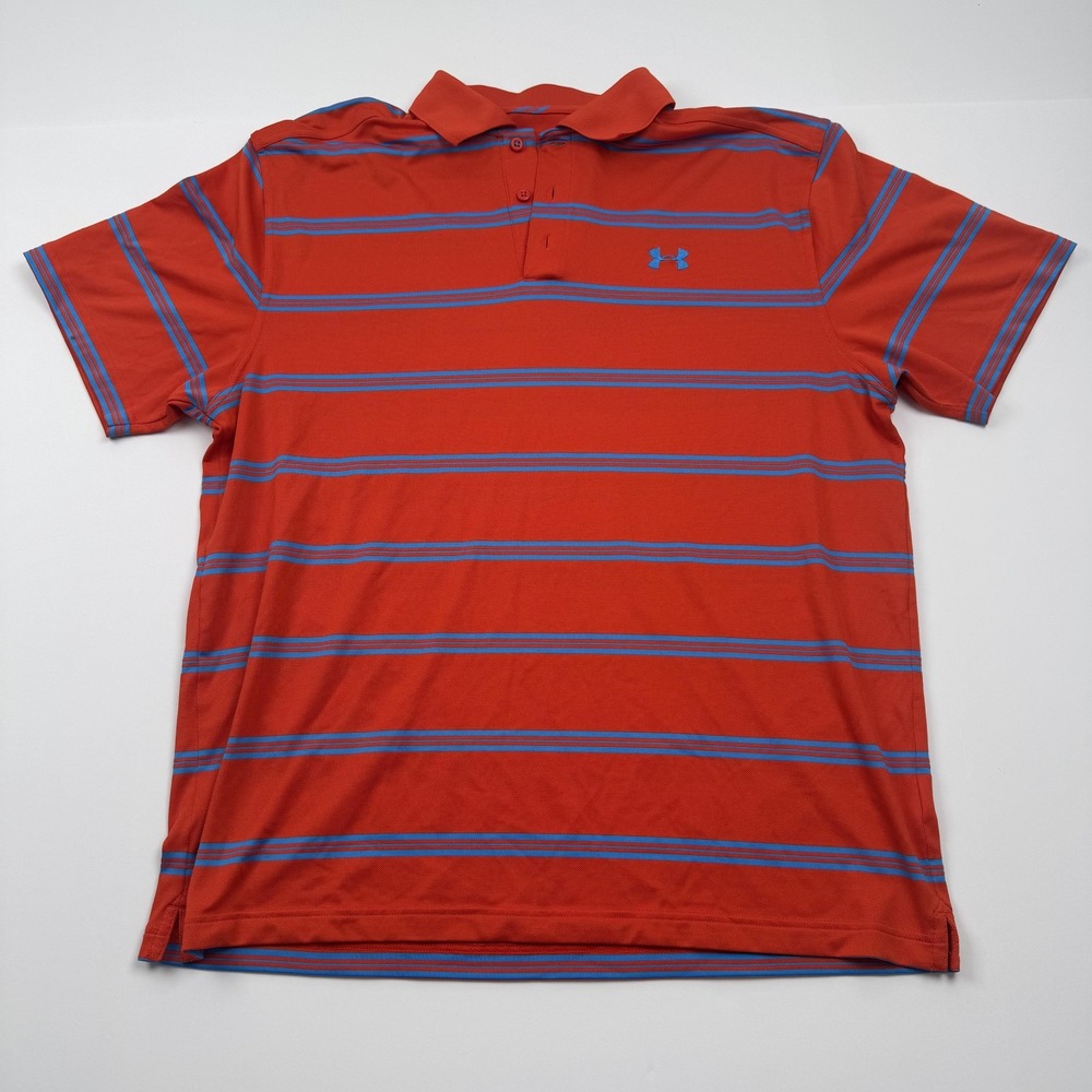 Under Armour Mens XL Red Blue Striped HeatGear Loose Fit Golf Athletic Polo